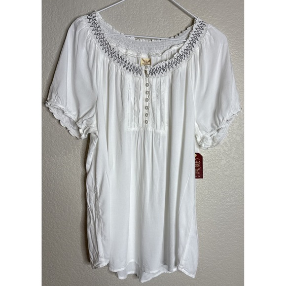 Faded Glory Womens XL 16/18 White Smocked Peasant Top Blouse Preppy Boho NEW - Picture 1 of 11